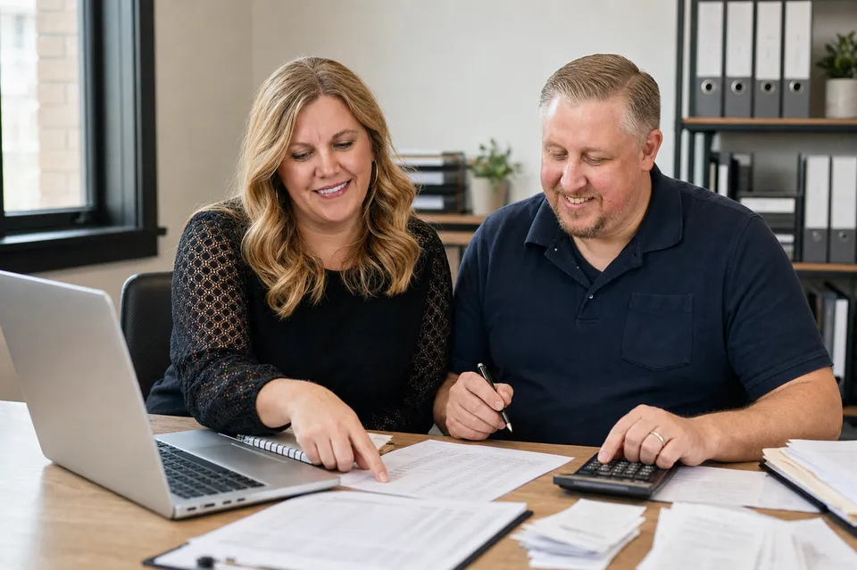 Business owner reviewing finances at his laptop